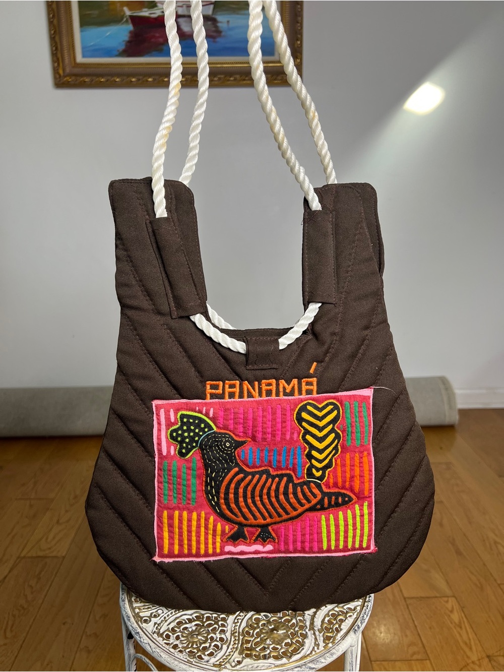 Panama Embroidered Brown Tote Bag with Rope Handles